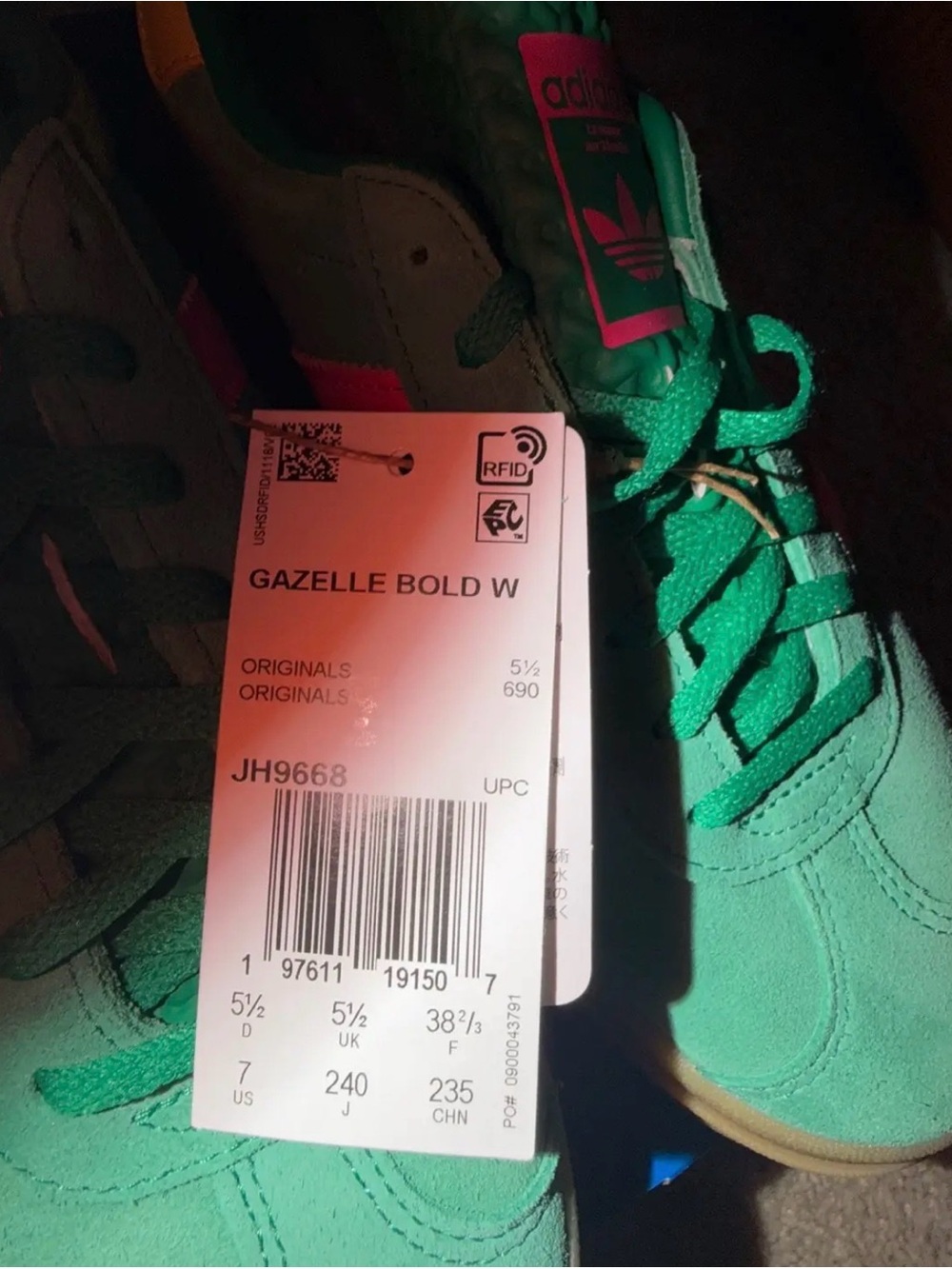 adidas Green Suede Sneakers with Pink Stripes and Yellow Heel - Picture 2 of 3